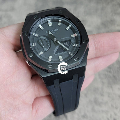 Casioak Mod Watch Black Case Black Rubber Strap Black Silver Time Mark Black Dial 44mm - Casioak Studio