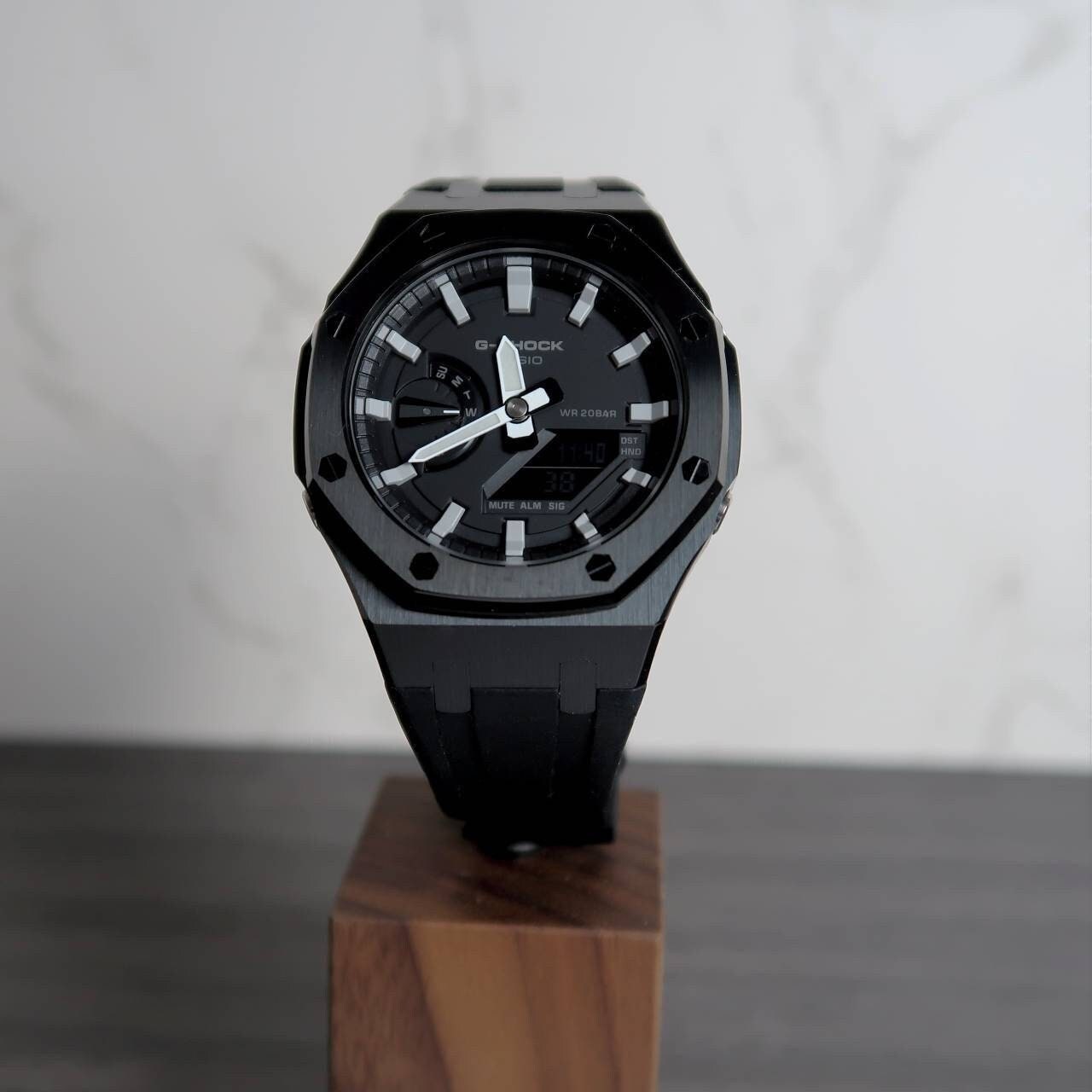 Casioak Mod Watch Black Case Black Rubber Strap Black Gray Time Mark Black Dial 44mm - Casioak Studio