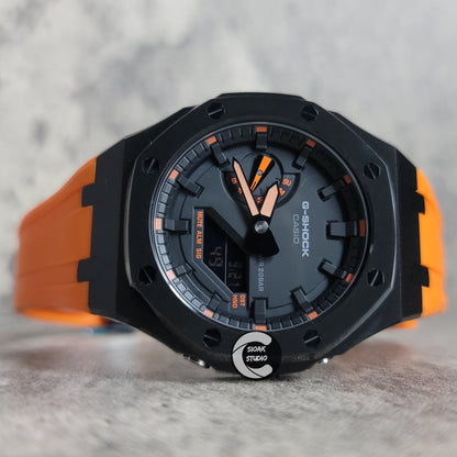 Casioak Mod Watch Black Case Orange Rubber Strap Black Orange Time Mark Black Dial 44mm - Casioak Studio