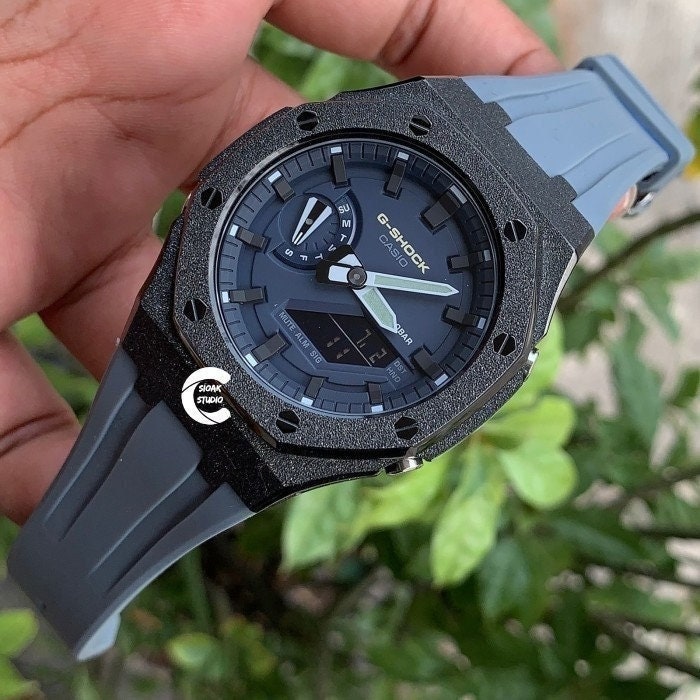 Casioak Mod Watch Frosted Black Case Gray Strap Blue Black Time Mark Blue Dial 44mm     Men - Casioak Studio