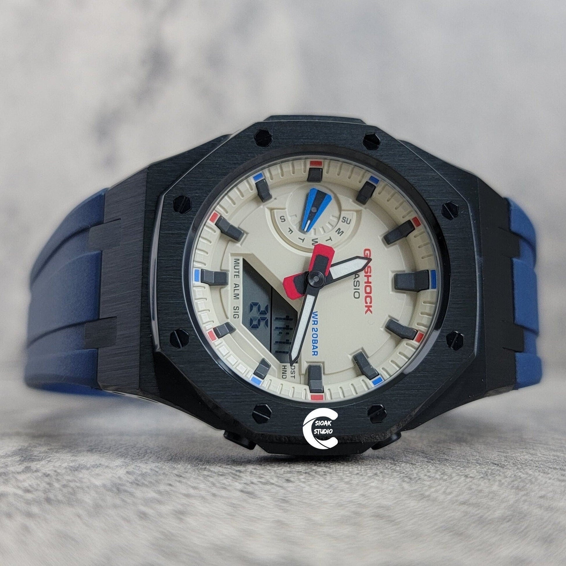 Casioak Mod Watch Black Case Blue Rubber Strap Beige Black Time Mark Beige Dial 42mm - Casioak Studio