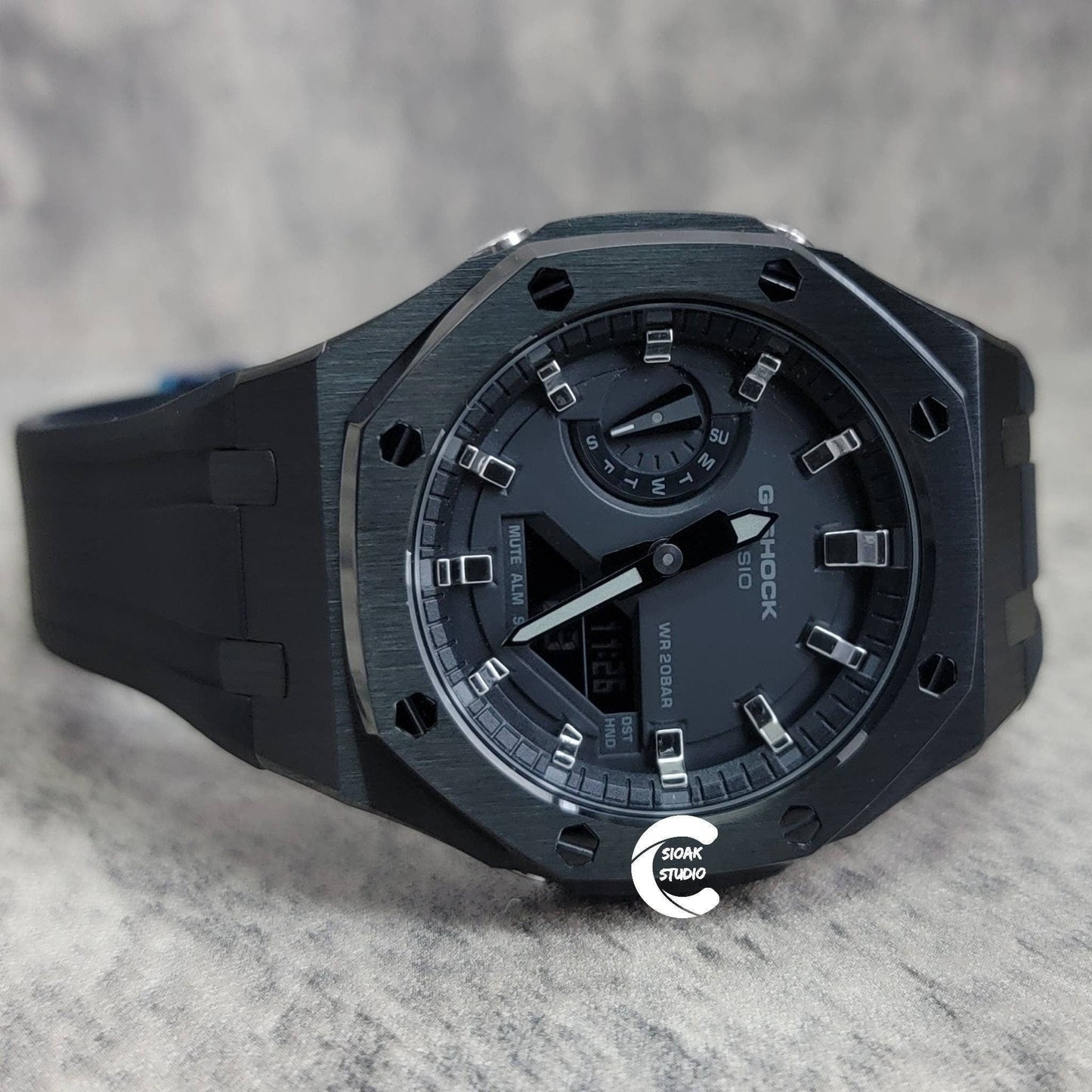 Casioak Mod Watch Black Case Black Rubber Strap Black Silver Time Mark Black Dial 44mm - Casioak Studio