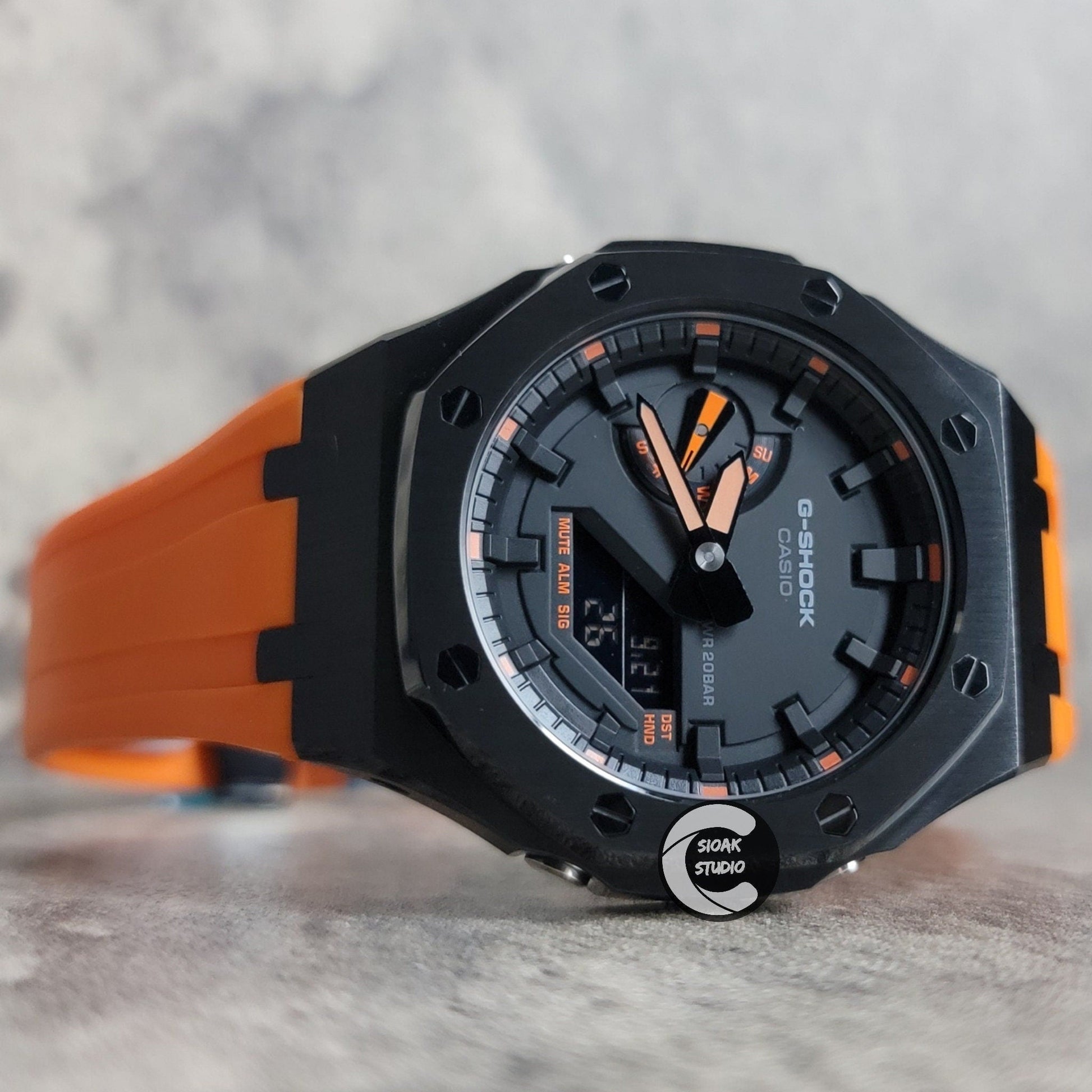 Casioak Mod Watch Black Case Orange Rubber Strap Black Orange Time Mark Black Dial 44mm - Casioak Studio