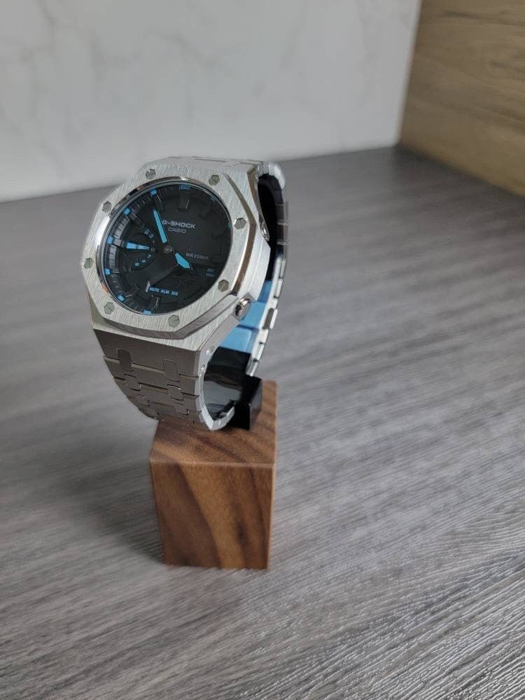 Casioak Mod Watch Silver Case Metal Strap Black Time Mark Black Dial 44mm Blue - Casioak Studio