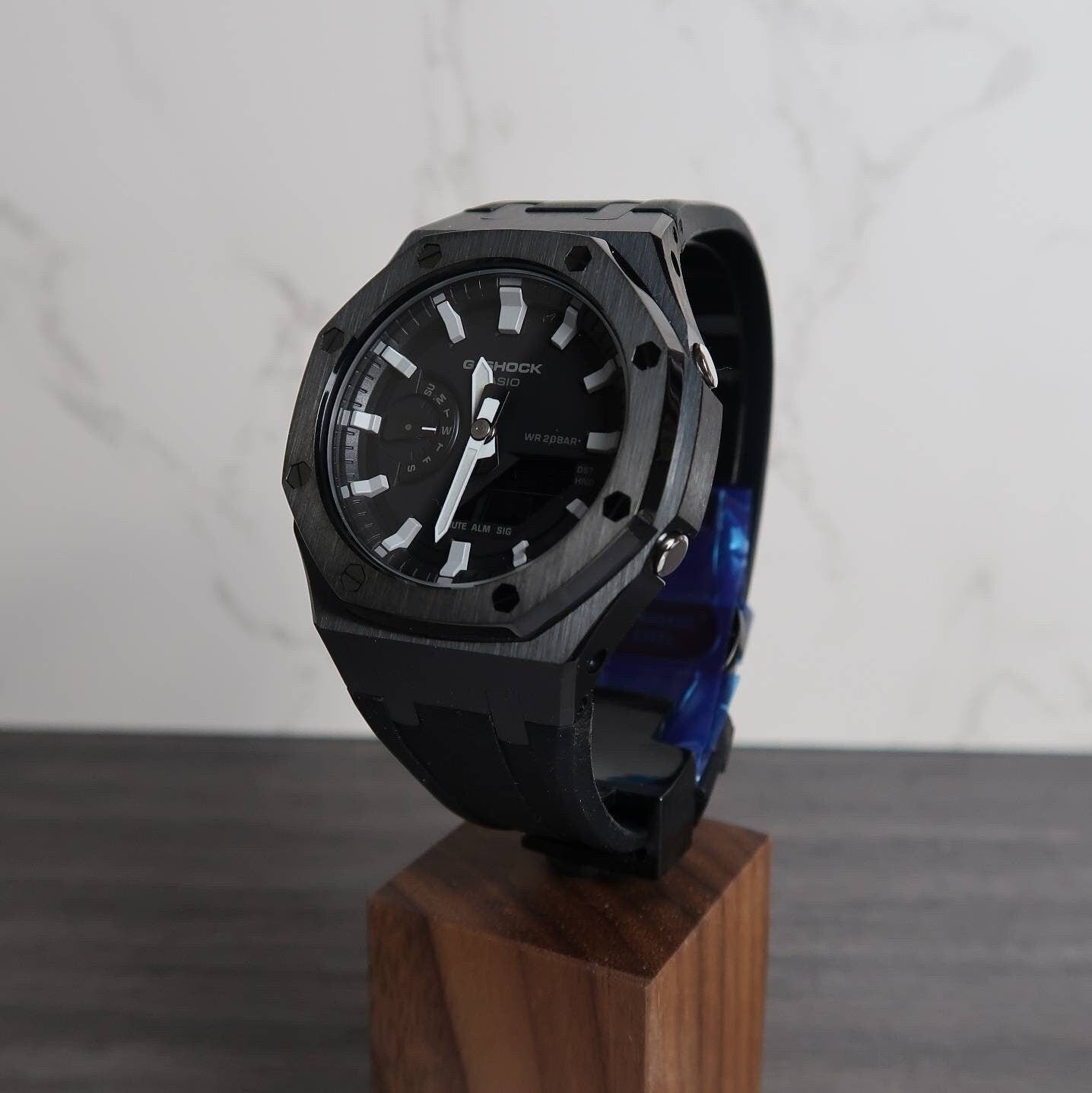 Casioak Mod Watch Black Case Black Rubber Strap Black Gray Time Mark Black Dial 44mm - Casioak Studio