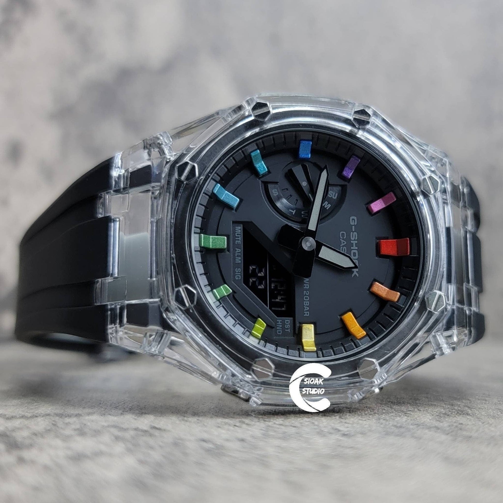 Casioak Mod Watch Transparent Case Black Strap Black  Rainbow Time Mark Black Dial 44mm - Casioak Studio