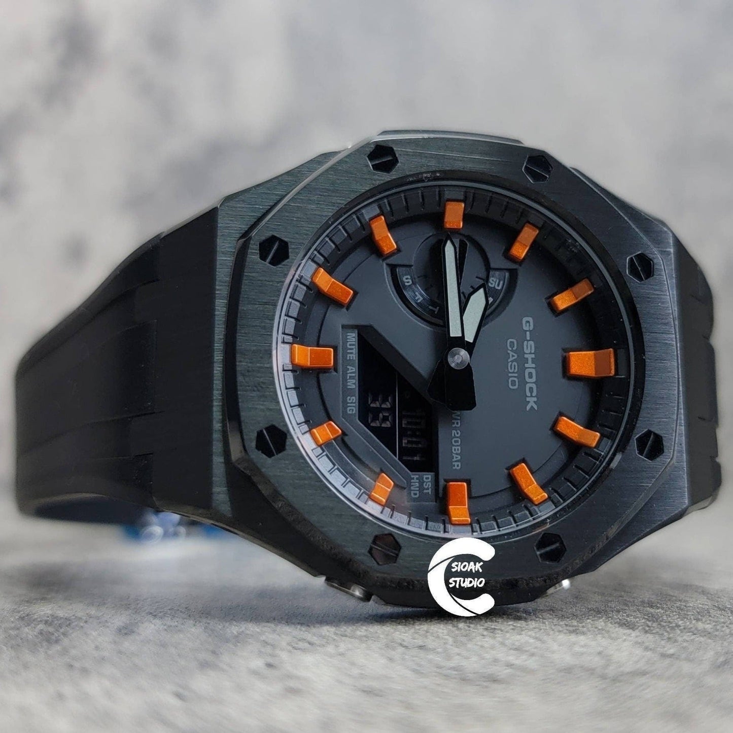 Casioak Mod Watch Black Case Black Rubber Strap Black  Orange Time Mark Black Dial 44mm - Casioak Studio