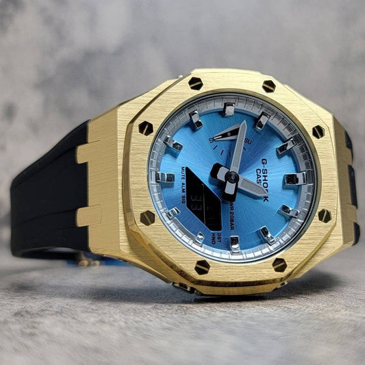 Casioak Mod Watch Gold Case Black Rubber Strap Silver Time Mark Ice  Blue Dial 44mm - Casioak Studio