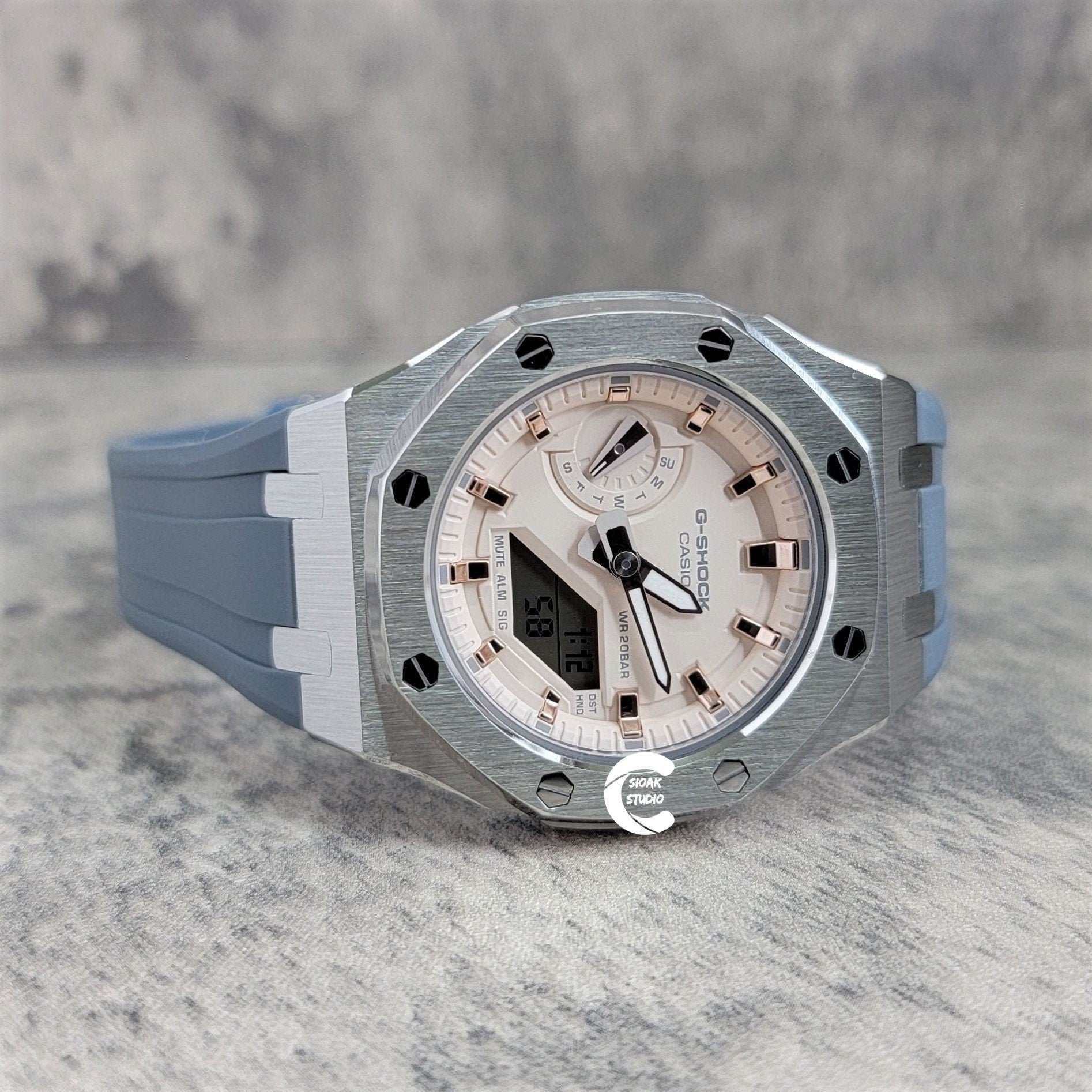 Casioak Mod Watch Silver Case Gray Rubber Strap Beige Rose Gold Time Mark Beige Dial 42mm - Casioak Studio