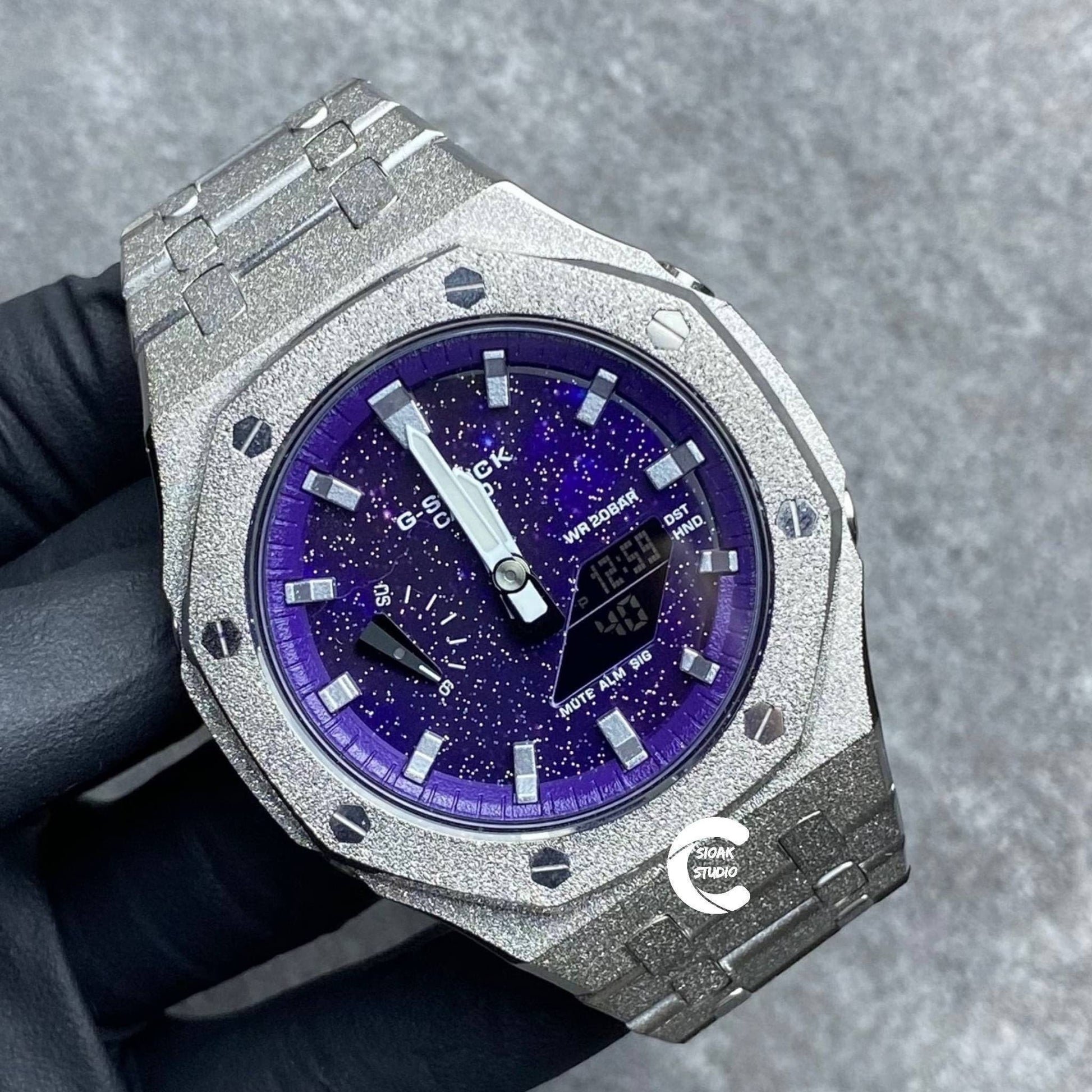 Casioak Mod Watch Frosted Silver Case Metal Strap Purple Silver Time Mark Purple Dial 44mm - Casioak Studio