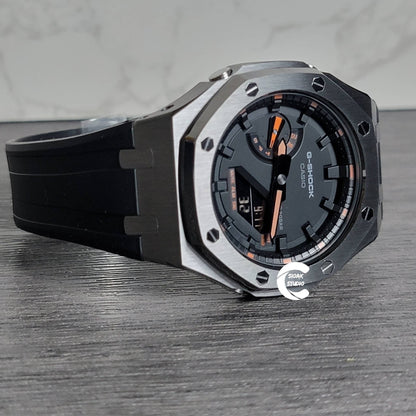 Casioak Mod Watch Gray Case Black Rubber Strap Black Time Mark Black Dial 44mm - Casioak Studio