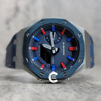 Casioak Mod Watch Blue Silver Case Black Rubber Strap Blue Red Time Mark Blue Dial 44mm - Casioak Studio