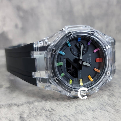 Casioak Mod Watch Transparent Case Black Strap Black  Rainbow Time Mark Black Dial 44mm - Casioak Studio