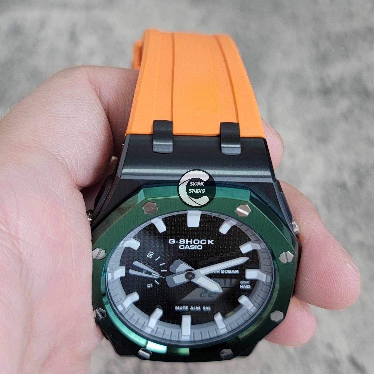 Casioak Mod Watch Offshore Superior Green Black Case Orange Rubber Rubber Strap Gray White Time Mark Black Dial 44mm - Casioak Studio