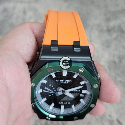 Casioak Mod Watch Offshore Superior Green Black Case Orange Rubber Rubber Strap Gray White Time Mark Black Dial 44mm - Casioak Studio