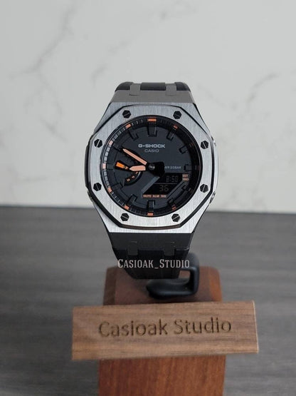 Casioak Mod Watch Gray Case Black Rubber Strap Black Time Mark Black Dial 44mm Orange - Casioak Studio