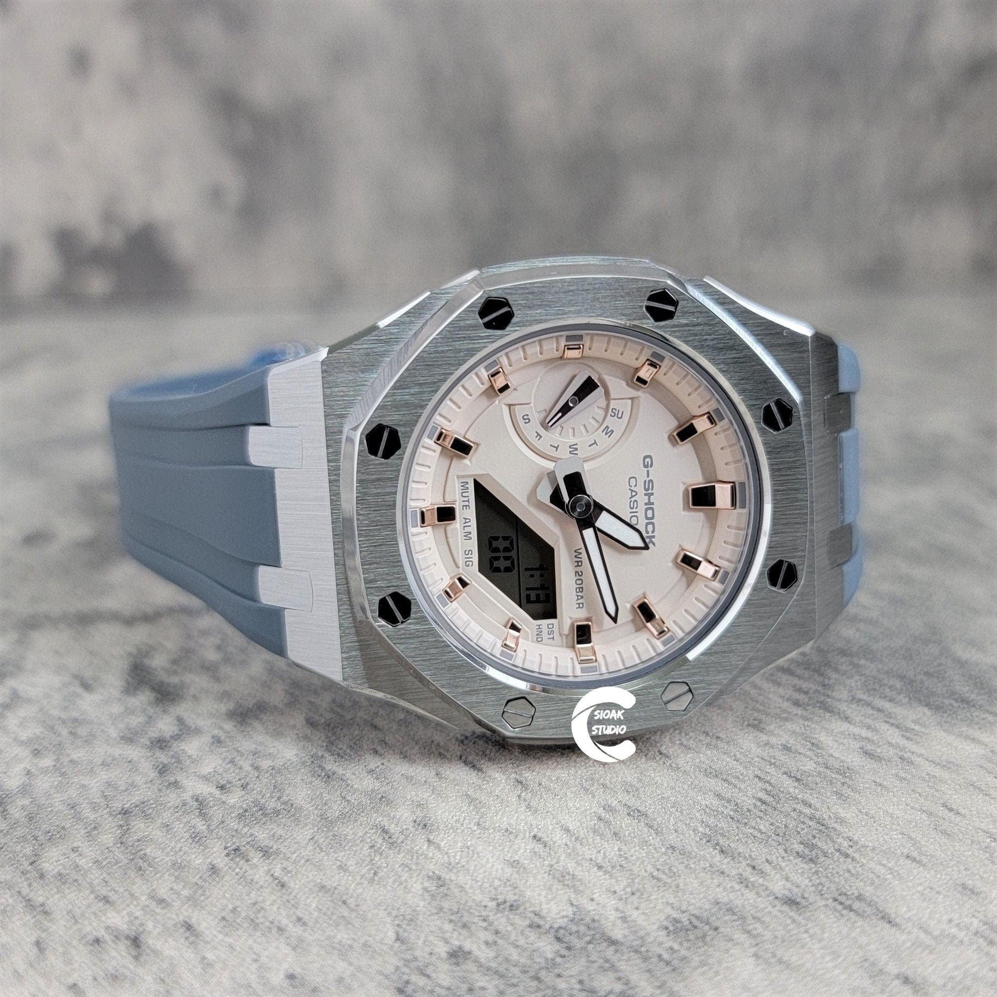 Casioak Mod Watch Silver Case Gray Rubber Strap Beige Rose Gold Time Mark Beige Dial 42mm - Casioak Studio