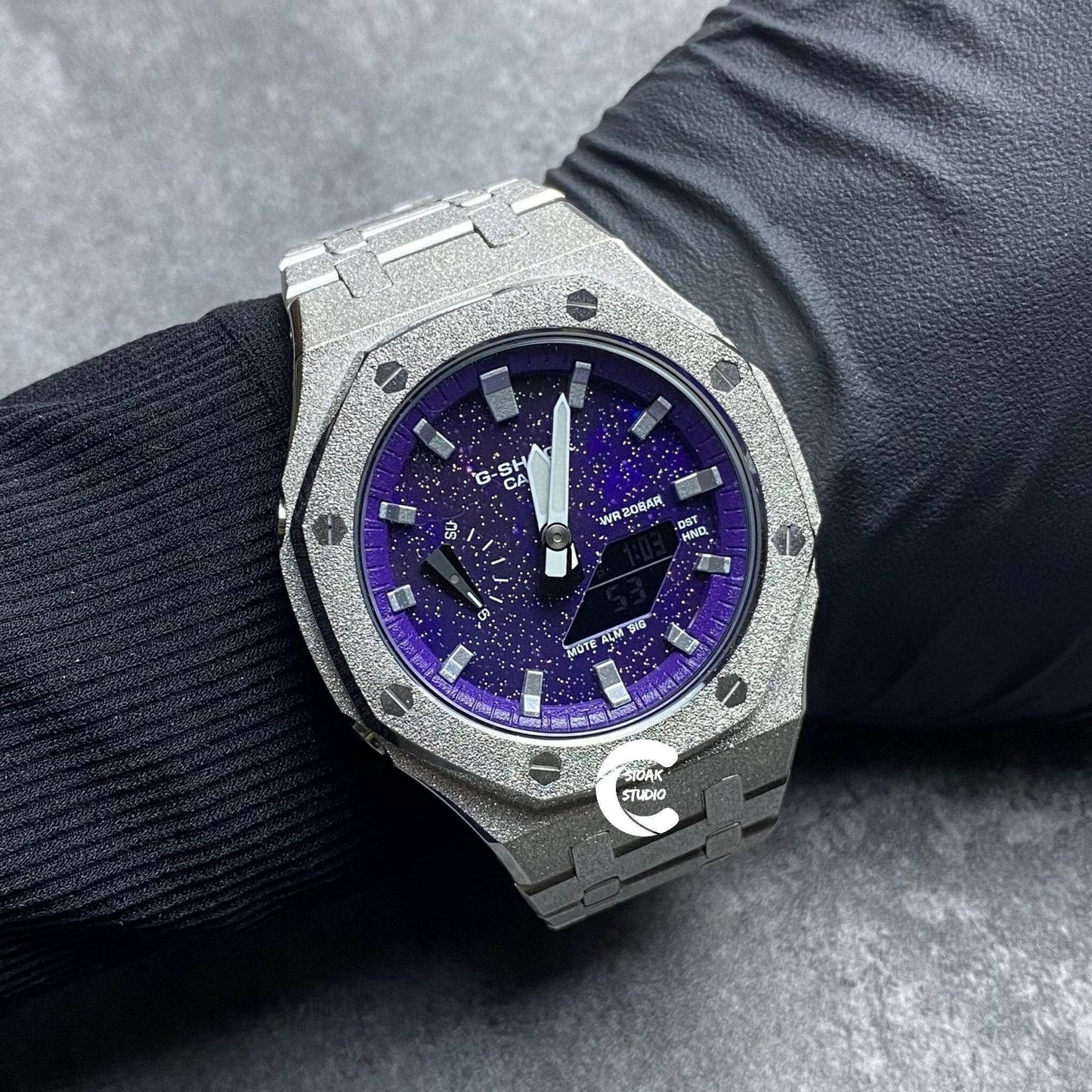 Casioak Mod Watch Frosted Silver Case Metal Strap Purple Silver Time Mark Purple Dial 44mm - Casioak Studio