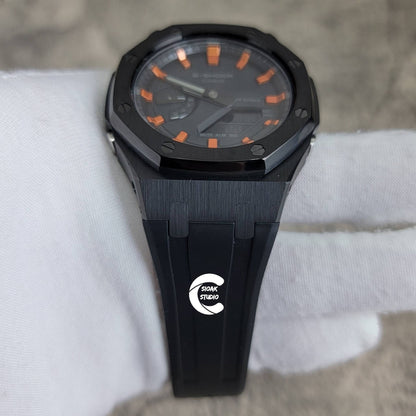 Casioak Mod Watch Black Case Black Rubber Strap Black  Orange Time Mark Black Dial 44mm - Casioak Studio