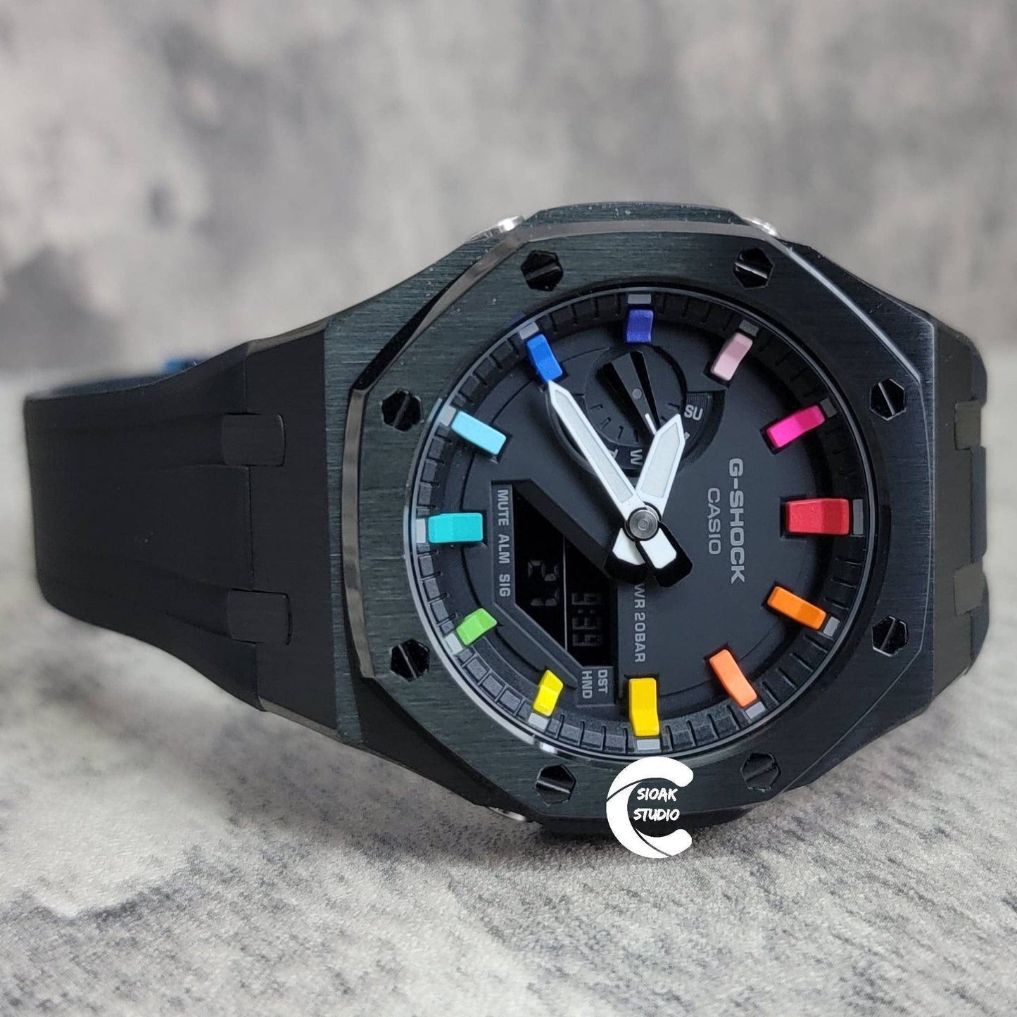 Casioak Mod Watch Black Case Black Rubber Strap Black Rainbow Time Mark Black Dial 44mm - Casioak Studio