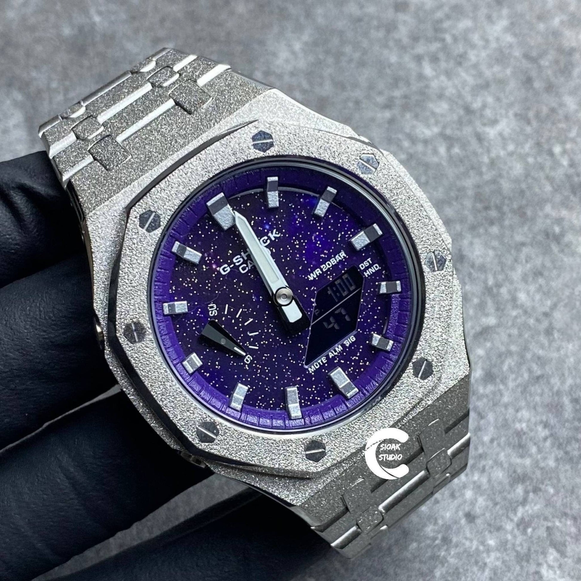 Casioak Mod Watch Frosted Silver Case Metal Strap Purple Silver Time Mark Purple Dial 44mm - Casioak Studio