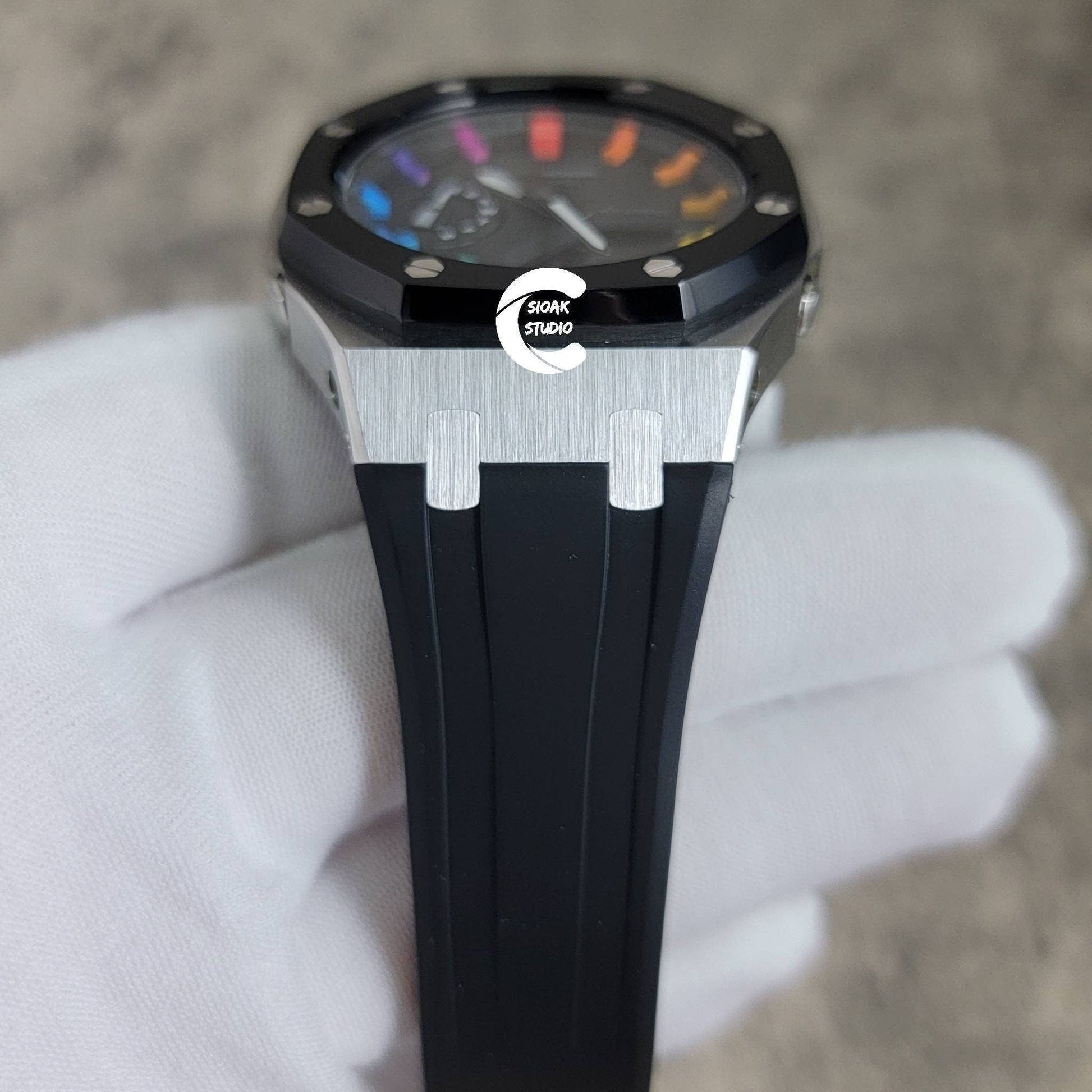 Casioak Mod Watch Black Silver Case Black Rubber Strap Black Rainbow Time Mark Black Dial 44mm - Casioak Studio