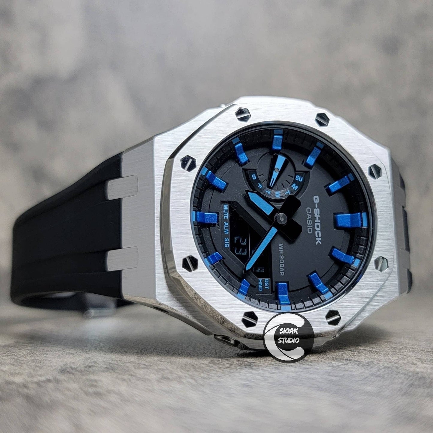 Casioak Mod Watch Silver Case Black Rubber Strap Black Metalkic Blue Time Mark Black Dial 44mm - Casioak Studio