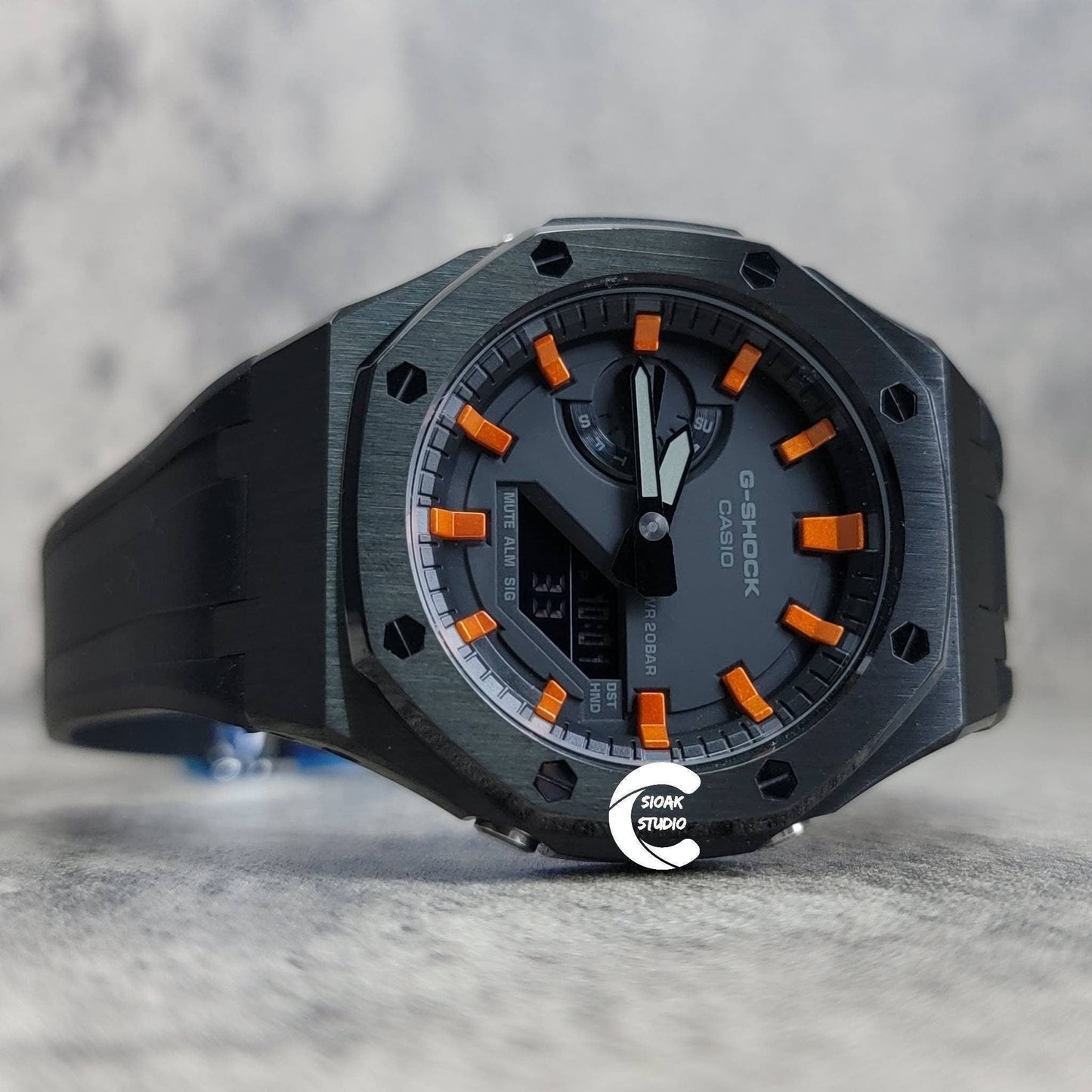 Casioak Mod Watch Black Case Black Rubber Strap Black  Orange Time Mark Black Dial 44mm - Casioak Studio