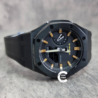 Casioak Mod Watch Black Case Black Rubber Strap Black Gold Time Mark Black Dial 44mm - Casioak Studio