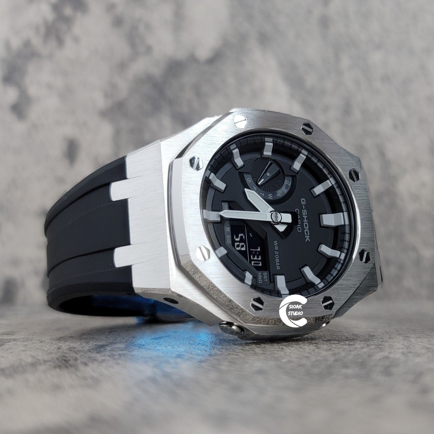 Casioak Mod Watch Silver Case Black Rubber Strap Black Light Gray Time Mark Black Dial 44mm - Casioak Studio