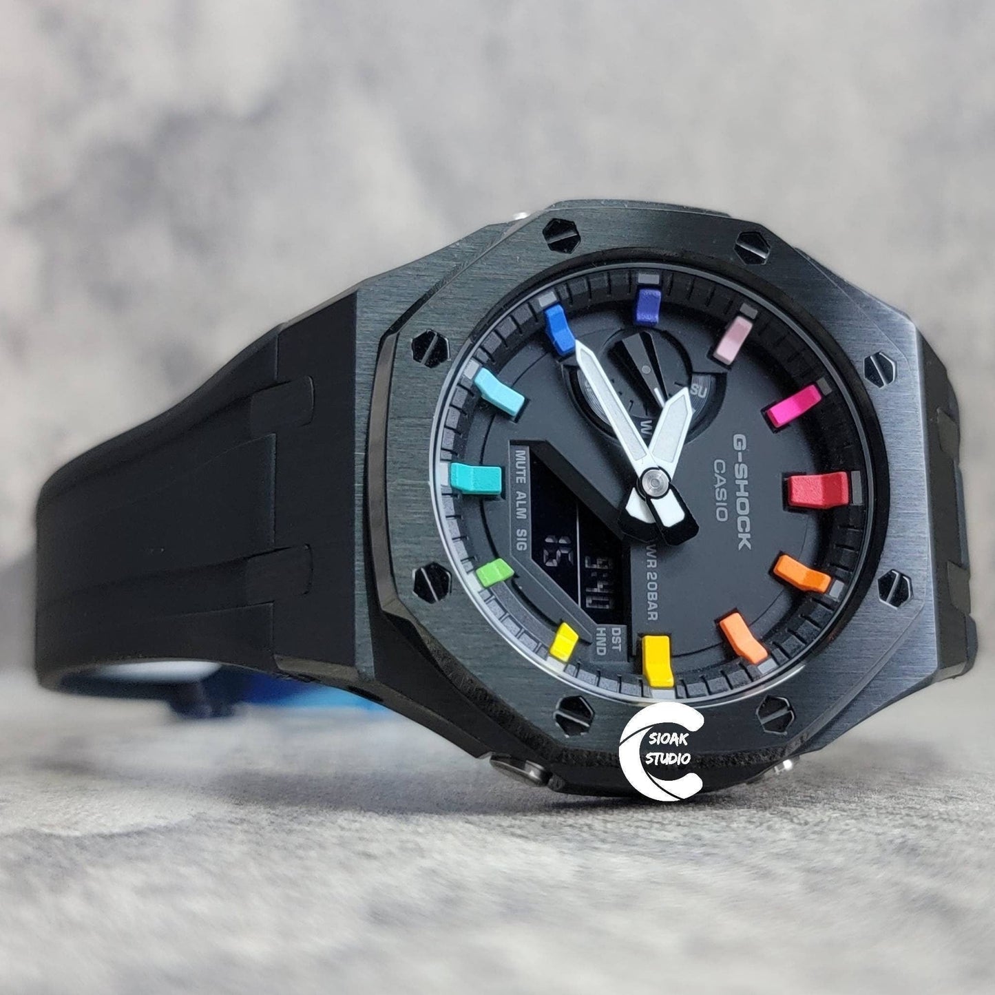 Casioak Mod Watch Black Case Black Rubber Strap Black Rainbow Time Mark Black Dial 44mm - Casioak Studio