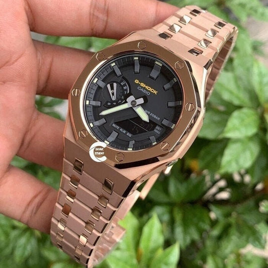 Casioak Mod Watch Frosted Rose Gold Case Metal Strap Black Gray Time Mark Black Dial 44mm - Casioak Studio