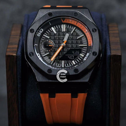 Casioak Mod Watch NEW Offshore Superior Black Case Orange Rubber Strap Orange Black Time Mark Black Dial 44mm Sapphire Glass - Casioak Studio