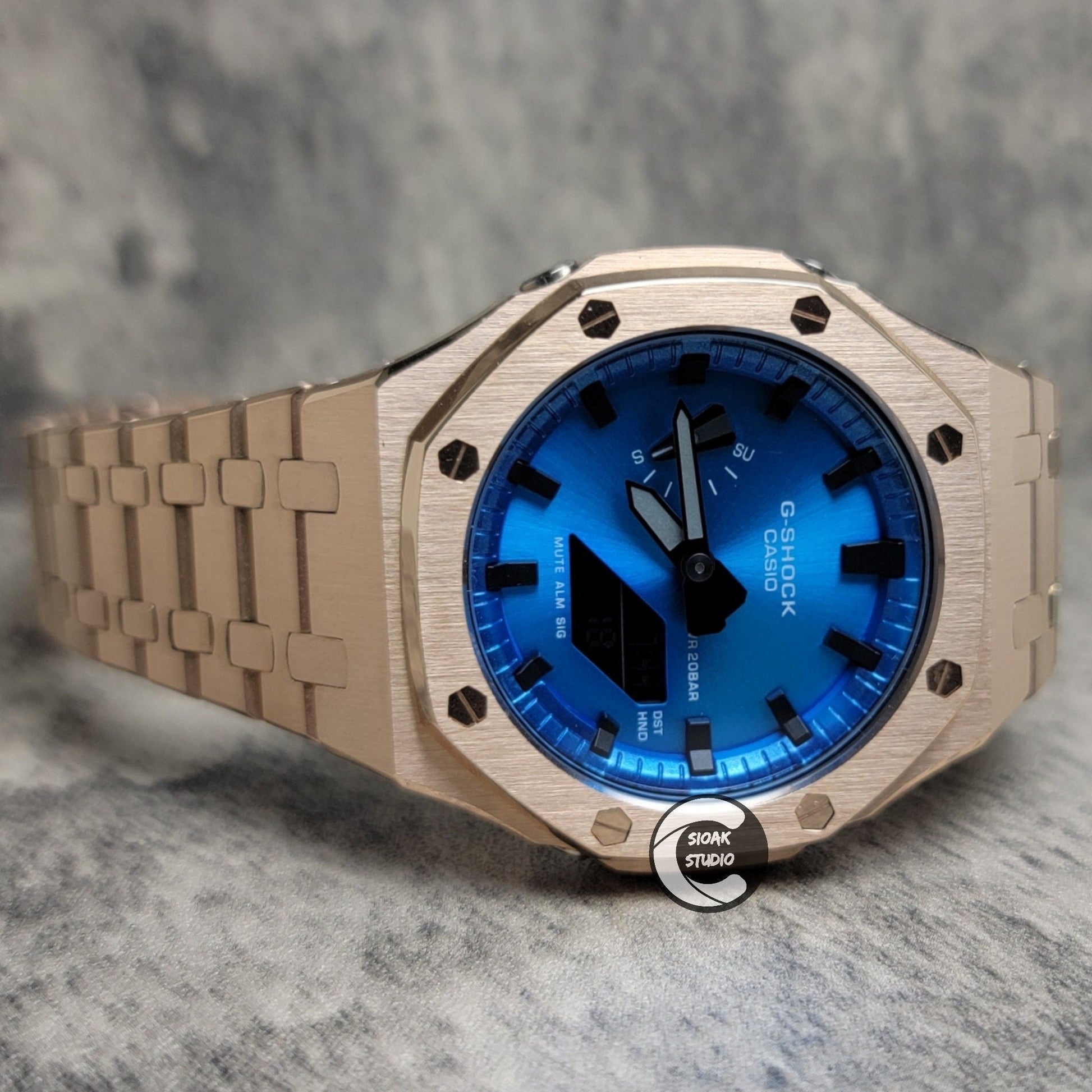 Casioak Mod Watch Rosegold Case Metal Strap Blue Black Time Mark Metallic Blue Dial 44mm - Casioak Studio