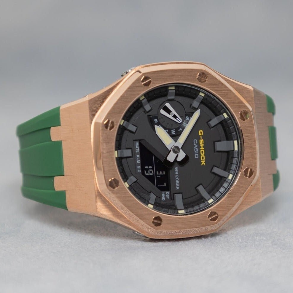 Casioak Mod Watch Rose Gold Case Green Rubber Strap Black Gray Time Mark Black Dial 44mm Yellow - Casioak Studio