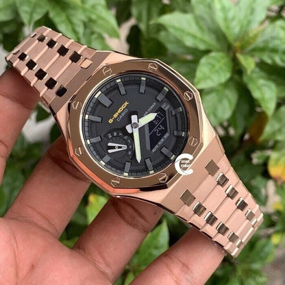 Casioak Mod Watch Frosted Rose Gold Case Metal Strap Black Gray Time Mark Black Dial 44mm - Casioak Studio