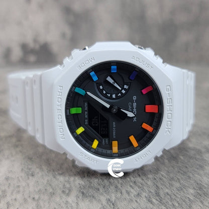 Casioak Mod Watch White Plastic Case White Strap Black Rainbow Time Mark Black Dial 44mm - Casioak Studio