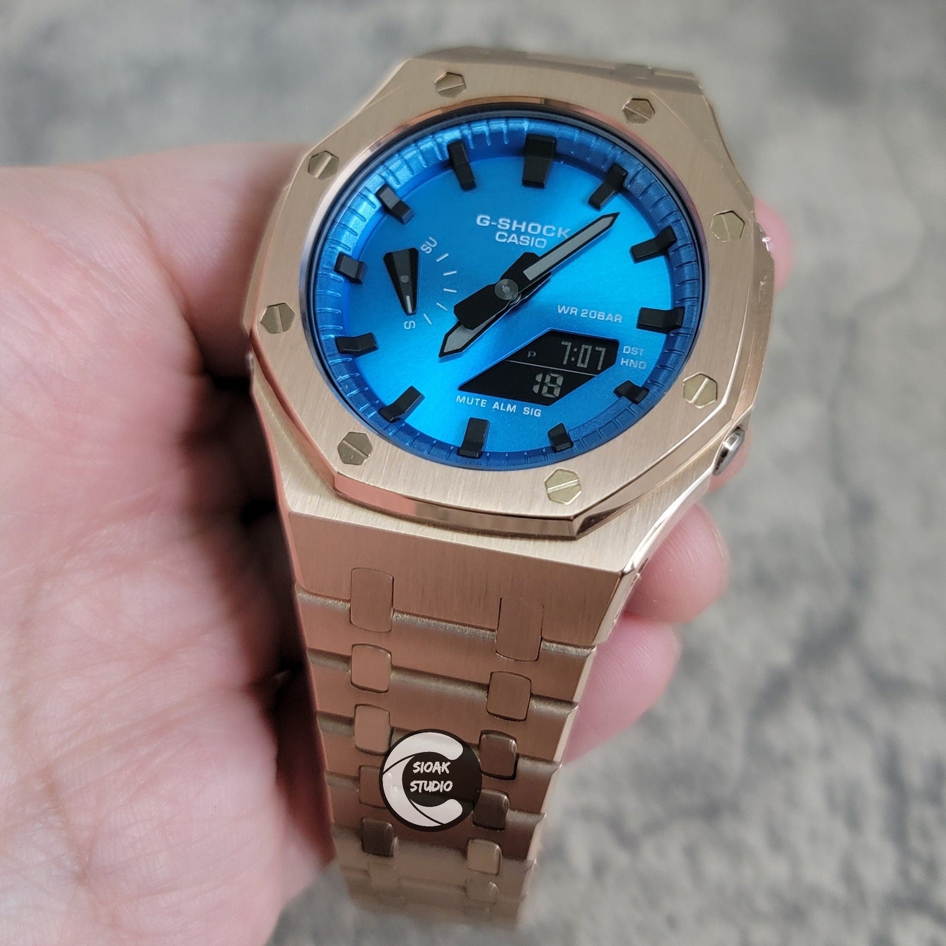 Casioak Mod Watch Rosegold Case Metal Strap Blue Black Time Mark Metallic Blue Dial 44mm - Casioak Studio