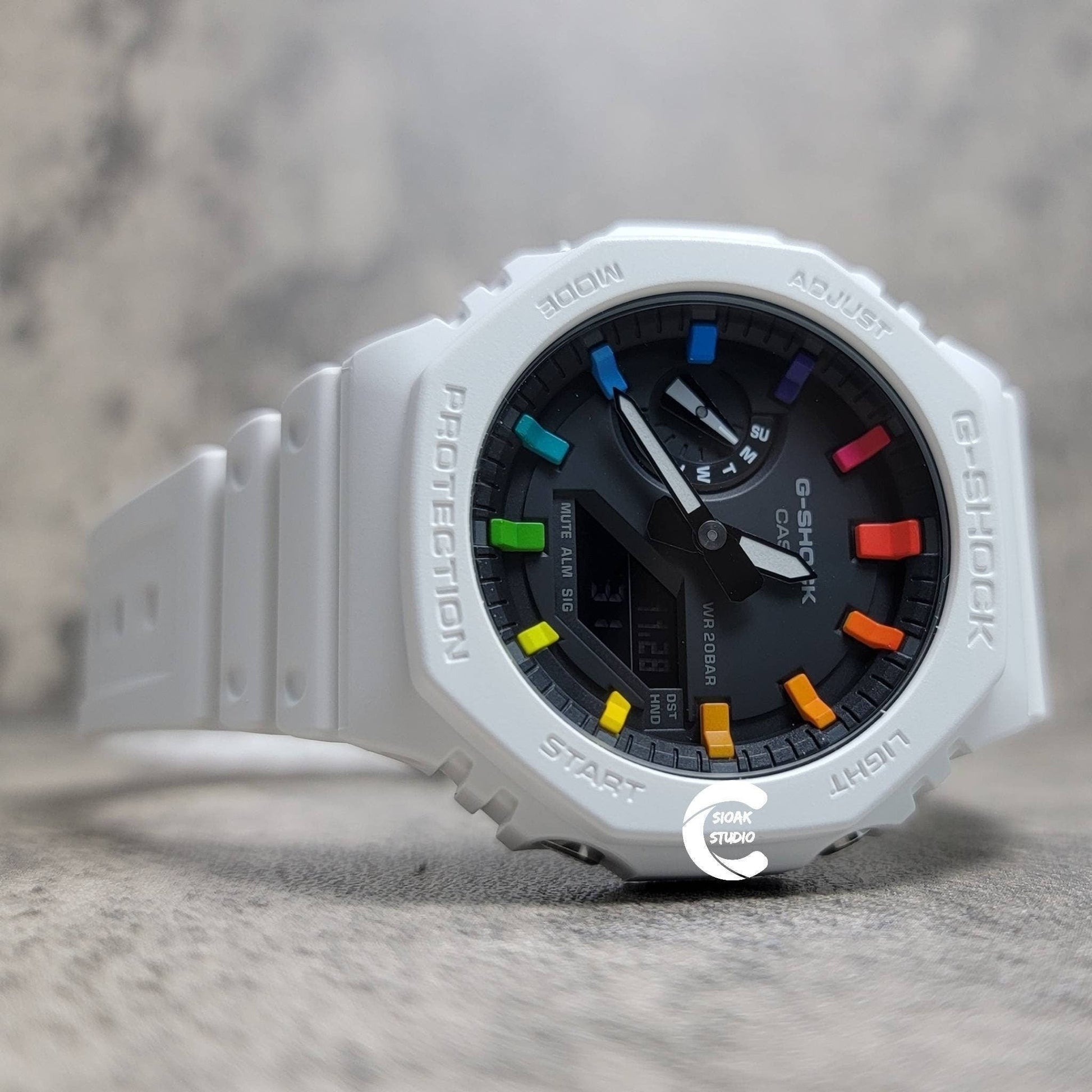 Casioak Mod Watch White Plastic Case White Strap Black Rainbow Time Mark Black Dial 44mm - Casioak Studio