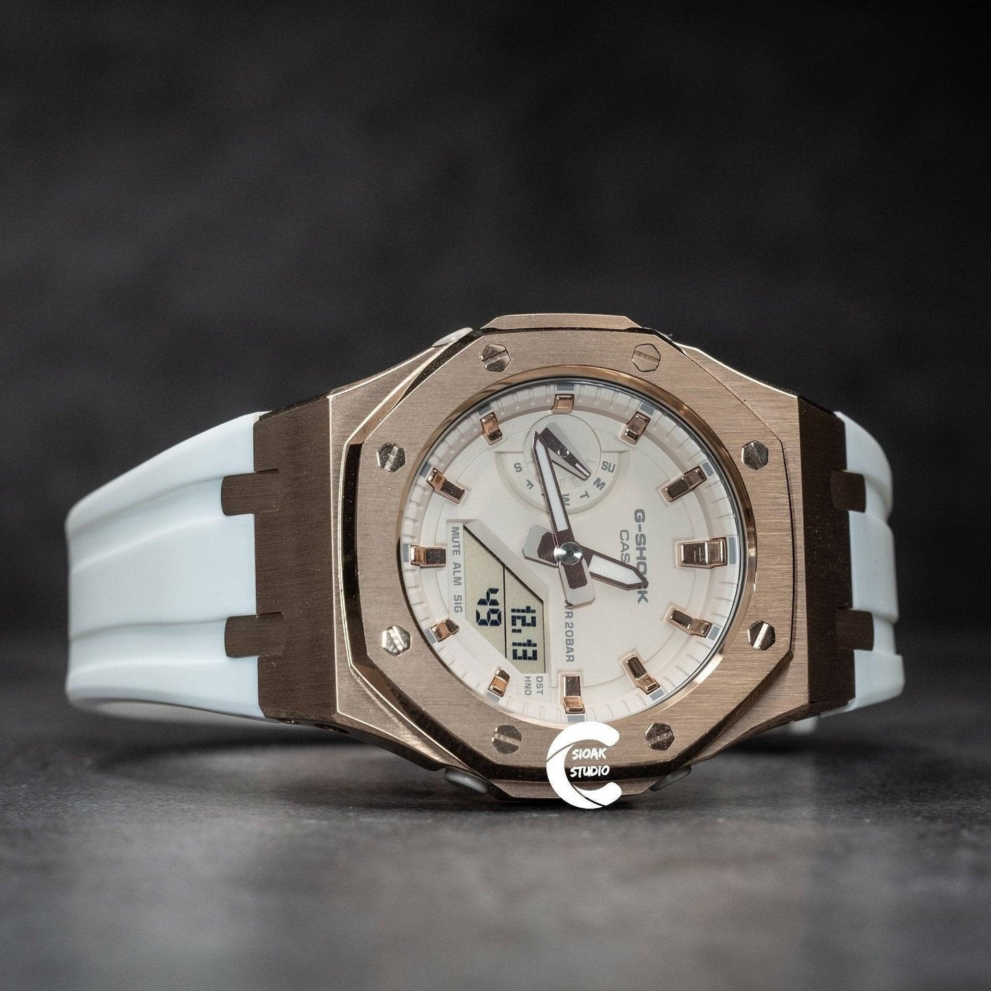 Casioak Mod Watch Rose Gold Case White Rubber Strap Beige Rose Gold Time Mark Beige Dial 42mm - Casioak Studio