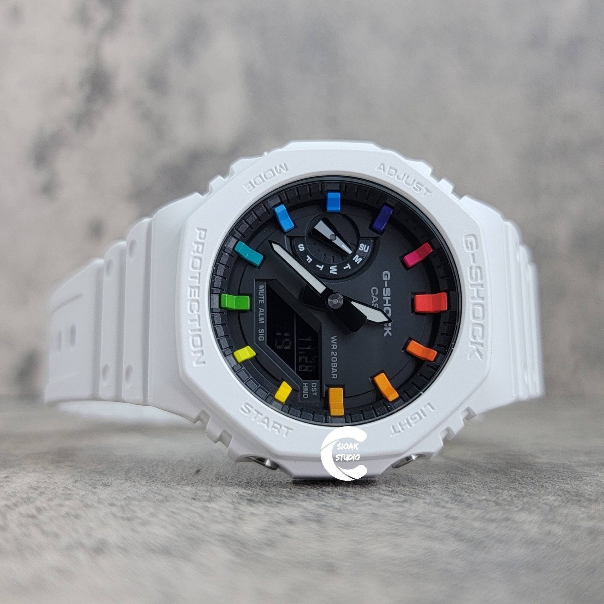 Casioak Mod Watch White Plastic Case White Strap Black Rainbow Time Mark Black Dial 44mm - Casioak Studio