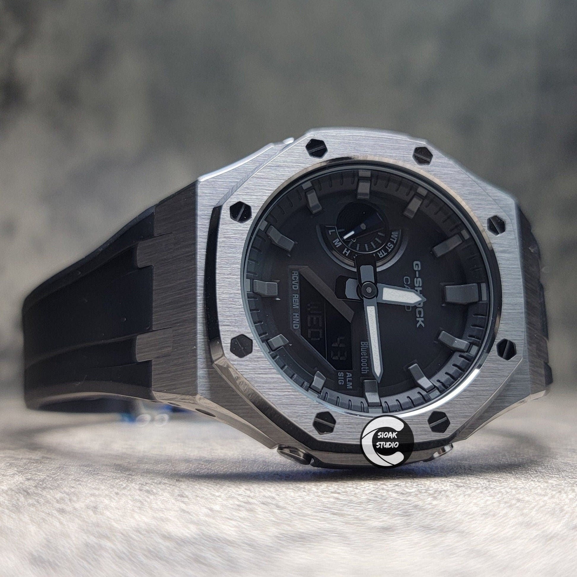 Casioak Mod Watch Solar Bluetooth Gray Case Black Rubber Strap Black Gray Time Mark Black Dial 44mm - Casioak Studio