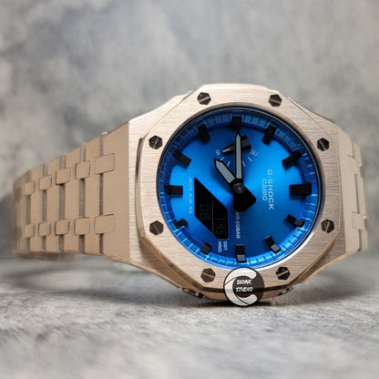 Casioak Mod Watch Rosegold Case Metal Strap Blue Black Time Mark Metallic Blue Dial 44mm - Casioak Studio