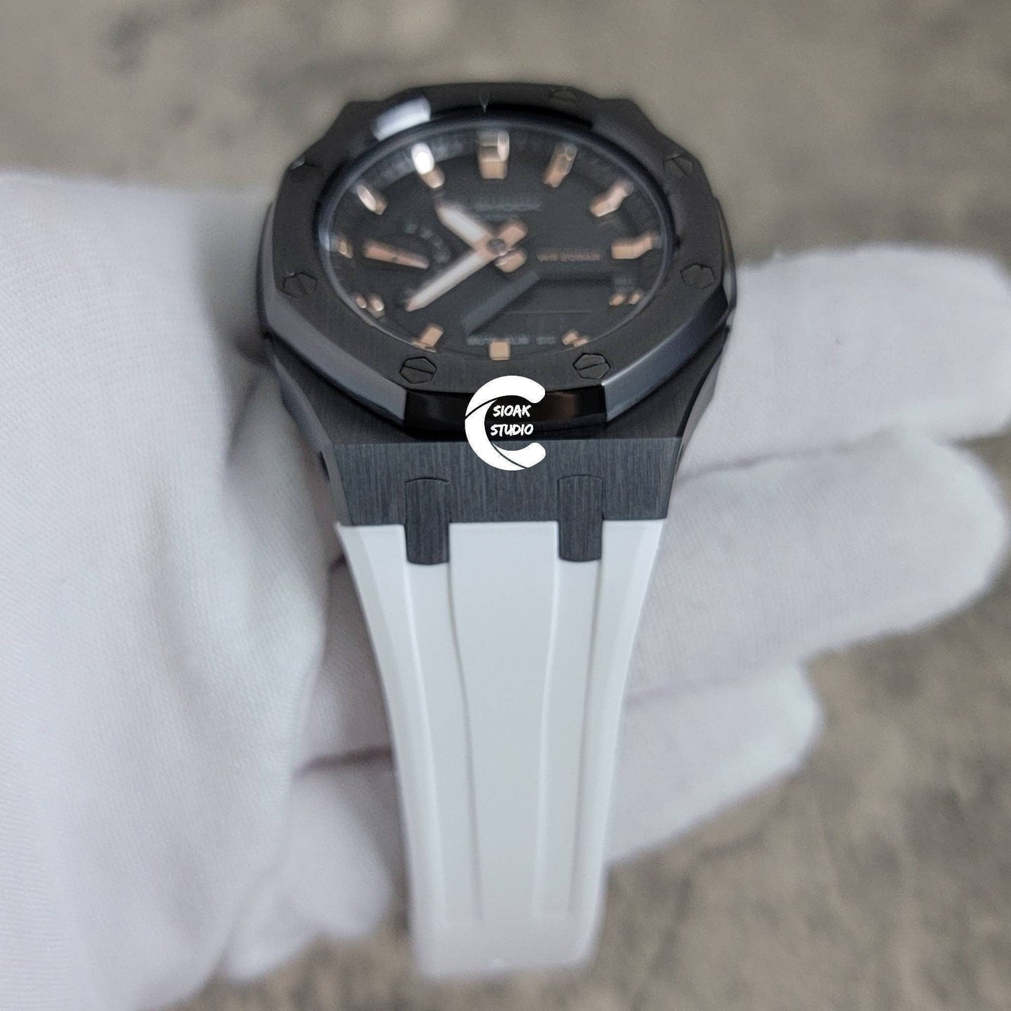 Casioak Mod Watch Gray Case White Rubber Strap Black Rose Gold Time Mark Black Dial 42mm - Casioak Studio