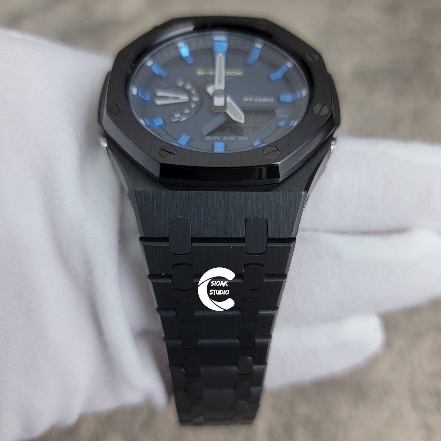 Casioak Mod Watch Black Case Metal Strap Blue  Blue Time Mark Blue Dial 44mm - Casioak Studio