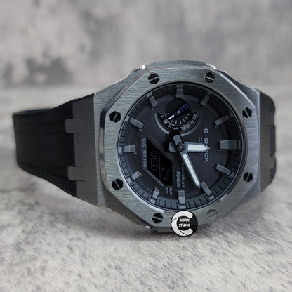 Casioak Mod Watch Solar Bluetooth Gray Case Black Rubber Strap Black Gray Time Mark Black Dial 44mm - Casioak Studio