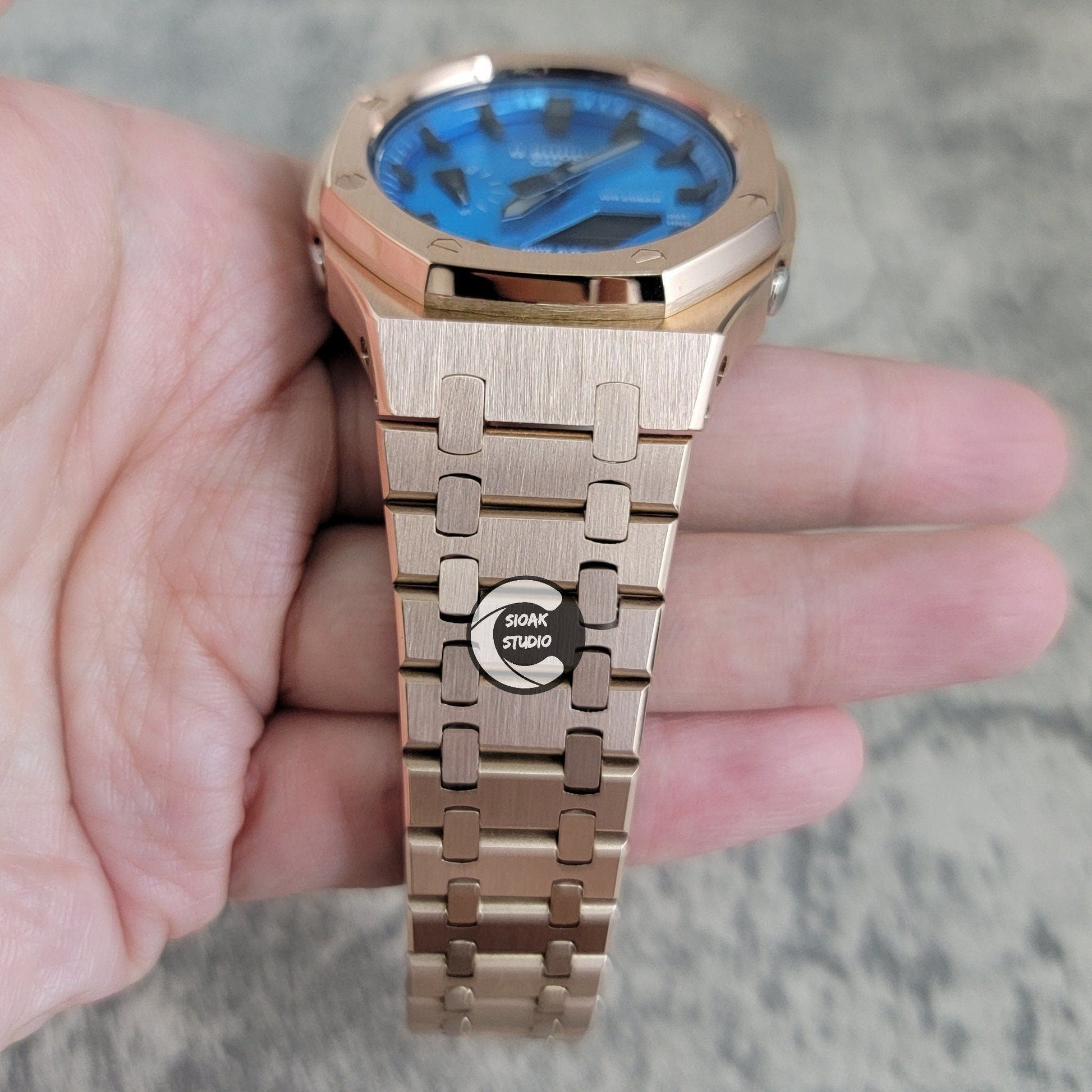 Casioak Mod Watch Rosegold Case Metal Strap Blue Black Time Mark Metallic Blue Dial 44mm - Casioak Studio