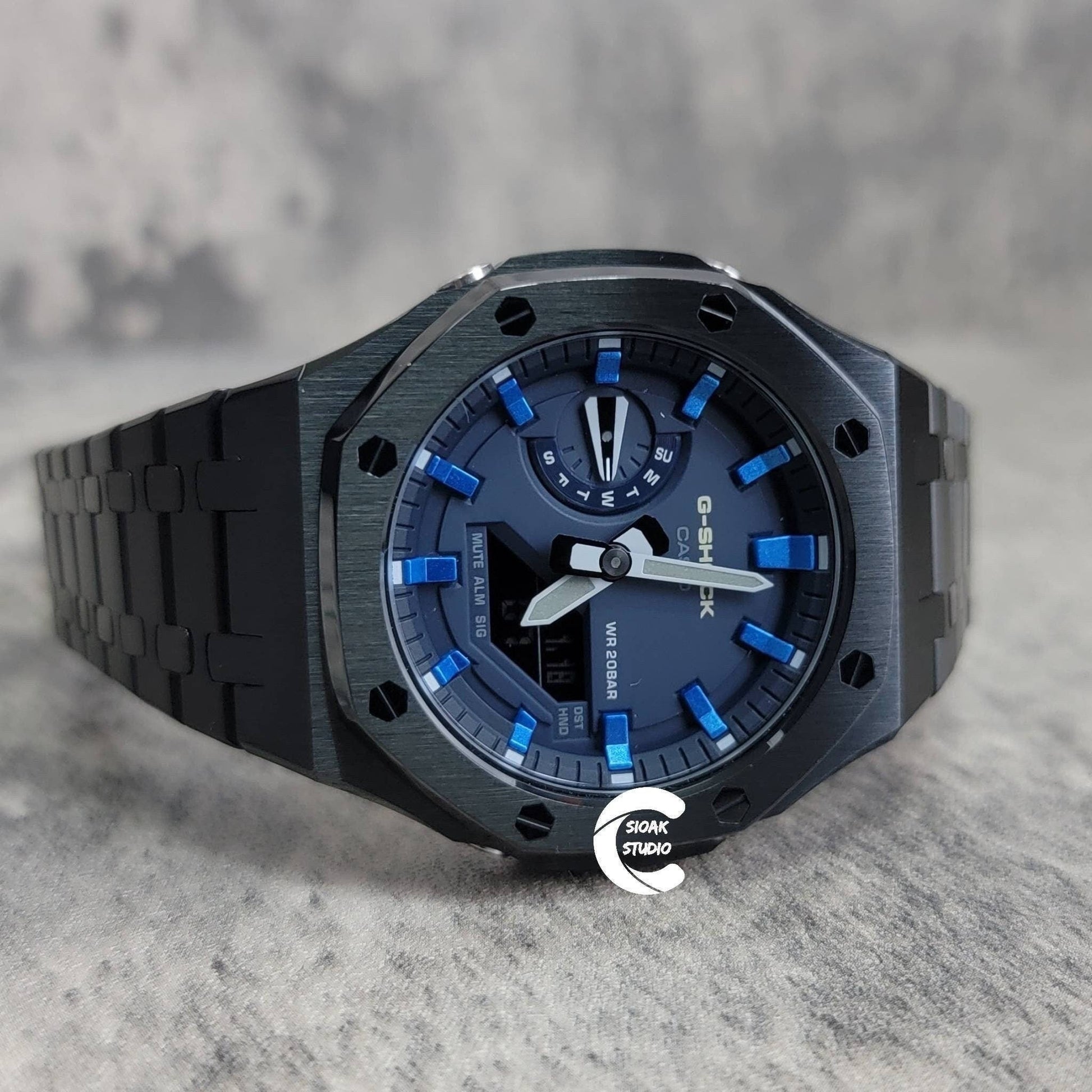 Casioak Mod Watch Black Case Metal Strap Blue  Blue Time Mark Blue Dial 44mm - Casioak Studio