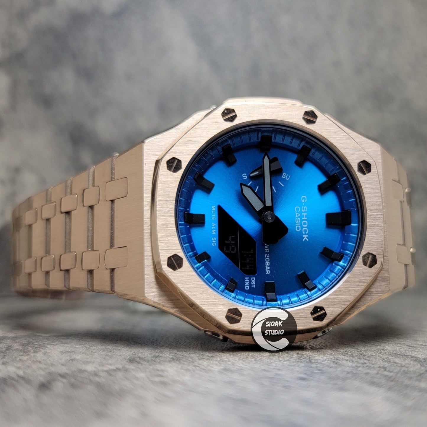 Casioak Mod Watch Rosegold Case Metal Strap Blue Black Time Mark Metallic Blue Dial 44mm - Casioak Studio