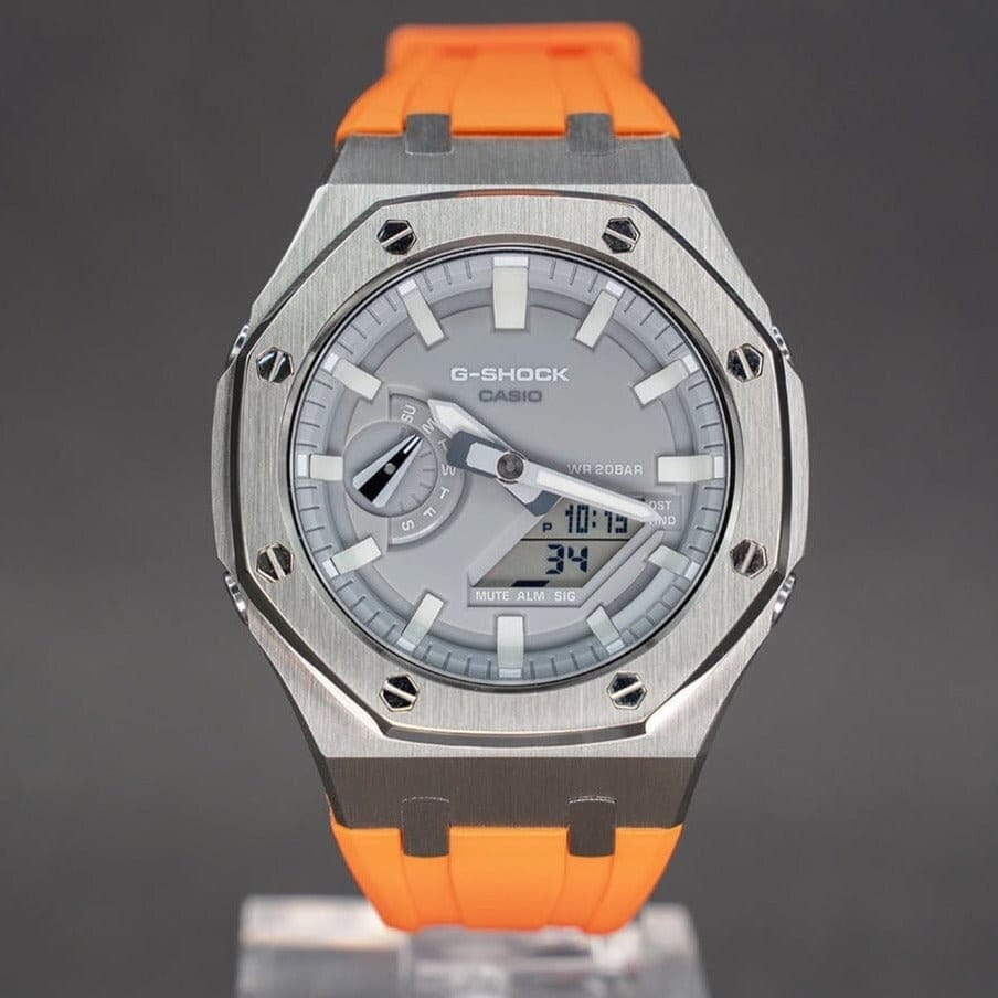 Casioak Mod Watch Silver Case Orange Rubber Strap Gray Luminous Time Mark Gray Dial 44mm - Casioak Studio